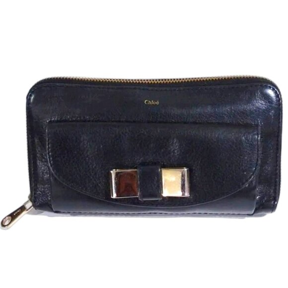 Chloe Handbags - ✨ Authentic Chloé Black Leather Zip Around Wallet – Elegant Silver Bow Accent!